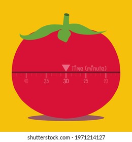 Bright red tomatoes with internal poles are divided into intervals according to the pomodoro working technique to improve work efficiency.