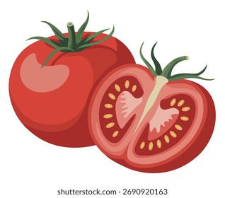 Tomates vermelhos brilhantes, um inteiro e um belamente cortado ao meio.