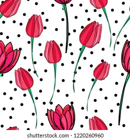 bright red tulips on black small dots background, seamless vector pattern