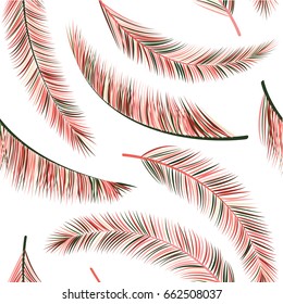 Bright red twigs on white summer graphic design. Vector palm leaves pattern, jungle tree branches seamless background. Exotic plants for clothes textile, fabric, wrapping paper. 