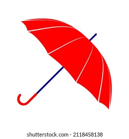 A bright red umbrella with a long handle on a white background lies on its side. Accessory for bad wet weather in the rainy and snowy season. Umbrella silhouette icon for apps, sites. Vector.