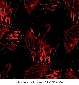 Bright red umbrellas and splash on black background. Vector blots and splashes. Different blood drops. Scary Halloween design. Seamless background for halloween