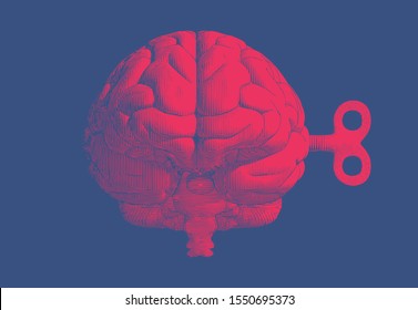 Bright red vintage engraved drawing human brain with wind up in front view point glyph illustration style isolated on deep blue background