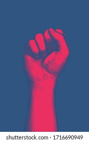 Bright red vintage engraved drawing front arm and hand fist gesture show up vector illustration isolated on deep blue background