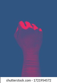Bright red vintage engraved drawing back hand fist gesture vector illustration dark woodcut style isolated on deep blue background