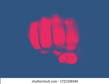 Bright red vintage engraved drawing hand fist punching gesture toward camera vector illustration isolated on deep blue background