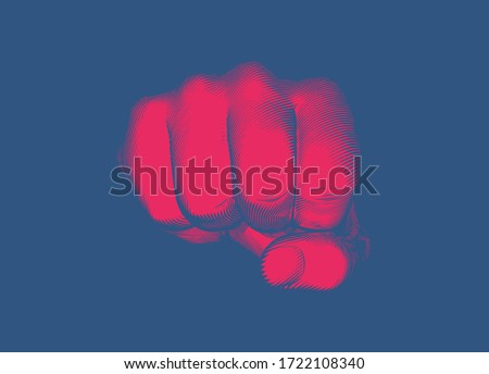 Bright red vintage engraved drawing hand fist punching gesture toward camera vector illustration isolated on deep blue background
