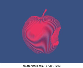 Bright red vintage engraved flat stencil art of an bitten apple front view vector illustration isolated on deep blue background