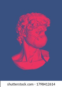 Bright red vintage engraved stencil glyph art David of Michelangelo sculpture with N95 face mask vector illustration isolated on deep blue background