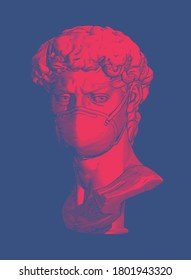 Bright red vintage engraved stencil glyph art David of Michelangelo sculpture with N95 face mask in front view vector illustration isolated on deep blue background