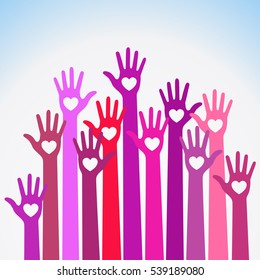 Bright  red violet colorful caring up hands hearts vector logo design element. Volunteers hands up with heart emblem  icon for education, health care, medical, volunteer, vote.