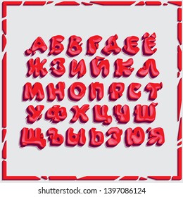 Bright red volumetric letters of irregular shape, the entire Russian alphabet, for decorative emotional inscriptions