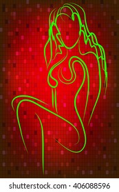 bright red wallpaper with neon line art girl for a nightclub. vector image. for brochures, advertisements, flyers, design. sketch collection