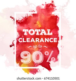 Bright red watercolor sale banner with bold stain. Autumn clearance vector design illustration.