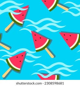 Bright red watermelon slices on the background of the blue sea and waves summer seamless pattern Vector