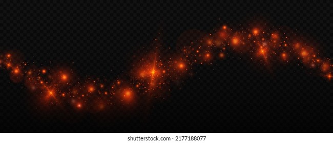 Bright red wave flow shine on transparent background. Magic light trail twinkle with flare particles. Glitter dust with bright stars.