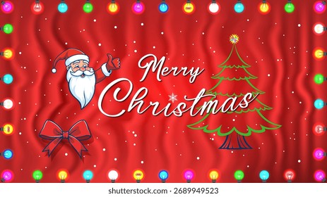 Bright red wavy vector holiday toon poster. Merry Christmas. Pine spruce tree, cheerful cartoon Santa Claus and festive bow. Snowflakes and glowing garlands. Flyer or postcard