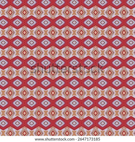 Bright red, white, and brown abstract pattern with symmetrical diamond and X motifs. Perfect for textiles or backgrounds.