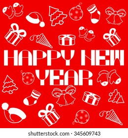 Bright red and white New Year holiday background. Set of cartoon Christmas items and big inscription 'Happy New Year' in the center.