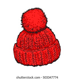 Bright red winter knitted hat with pompon, sketch style vector illustrations isolated on white background. Hand drawn woolen hat with a big fluffy pompom, winter accessory