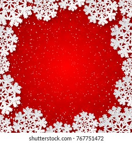 Bright red winter square frame with paper cut out snowflake decoration. Vector illustration