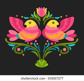 Bright red and yellow birds on dark background. Fragment of folkloric ornament. Vector hand drawn illustration.