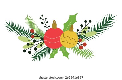 Bright red and yellow Christmas baubles with pine branches, holly leaves, and berries in a festive bouquet. Traditional winter decor. Vector illustration in flat style. 