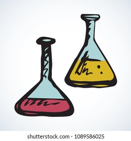 Bright red and yellow color analyse solution in conic vial isolated on white background. Examination line logo concept. Freehand black ink line hand drawn symbol sketch in retro doodle graphic style