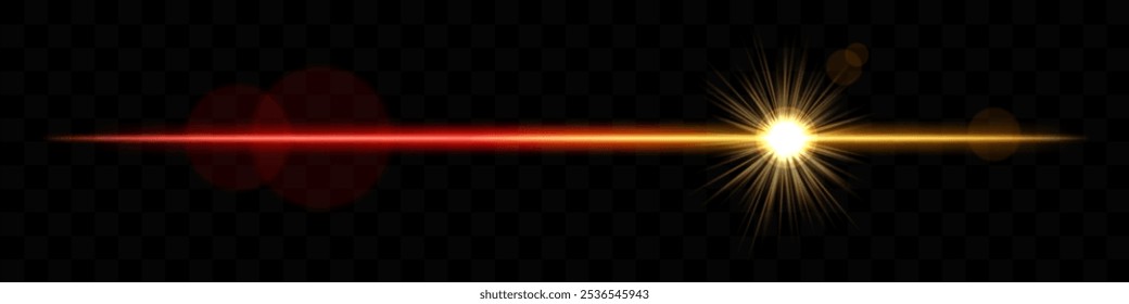Brillante destello de luz Horizontal roja y amarilla con efecto de lente. Explosión brillante, haz luminoso, flash óptico, racha brillante, resplandor radiante, transparencia.