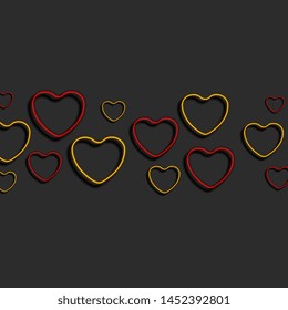 Bright red and yellow neon hearts. Valentines Day greeting poster abstract vector design. Beautiful romantic love luminous background