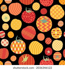 Bright red and yellow tomatoes on black background. Cute vegetables in patchwork style. Vector illustration. Seamless pattern. 