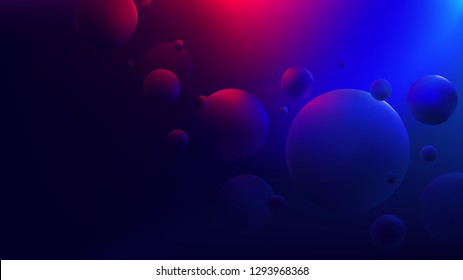 Bright red-blue glow reflecting on flying spheres, Colorful gradient round shapes, Retro futuristic neon cyberpunk background for your design