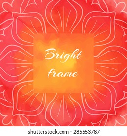 Bright red-orange square frame with lotus petals. Oriental watercolor background. Vector template. Place for your text.