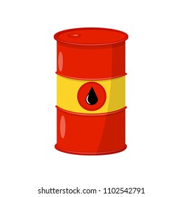 Bright red-yellow barrel with crude oil. Metal container with black drop. Flat vector element for banner or infographic poster
