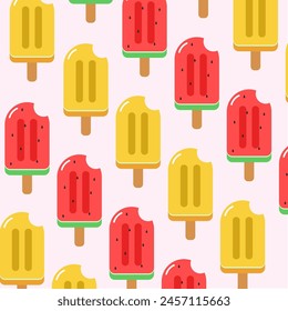 Bright and refreshing summer holiday seamless pattern with watermelon and pineapple flavored ice cream, vector pattern for summer.