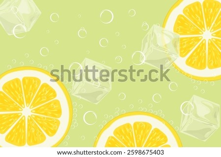 Bright and refreshing vector illustration with juicy lemon slices, clear ice cubes and sparkling bubbles on a light green background.
