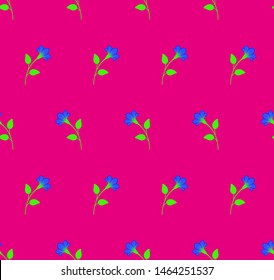 Bright repeat symmetrical botanical pattern. Horizontal rows of flowers with stems and leaves. Fuchsia color. Seamless geometric multicolored pattern. Vector illustration.