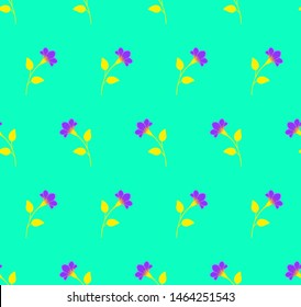Bright repeat symmetrical botanical pattern. Horizontal rows of flowers with stems and leaves. Turquoise color. Seamless geometric multicolored pattern. Vector illustration.