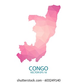 Bright Republic of Congo map in national colors. Geometric style low poly triangles pink polygons. Vector illustration eps 10.