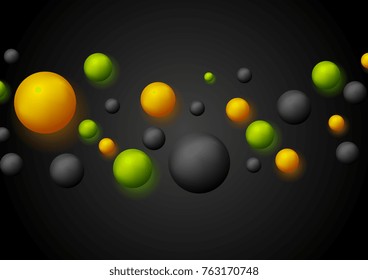 Bright retro 3d bubbles with luminous effect on black background. Vector neon balls design