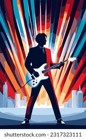 Bright retro background with a guitarist. Music background with rock guitarist.