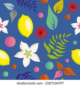 Bright retro background with lemons, palm leaves, plumeria blossoms, abstract elements. Suitable for textiles, scrapbooking, design