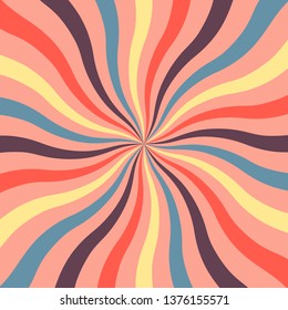 Bright retro background with wavy sunshine in modern colors of 2019. retro starburst style spiraling. flat vector illustration