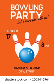 Bright retro bowling party poster with white pins and blue gradient ball. Flyer template for bowling club with sample text. Vector A4 scaled illustration