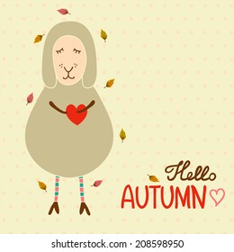 Bright retro card in vector. Sheep with leaves and heart. Cute cartoon card in autumn colors. Autumn background. 