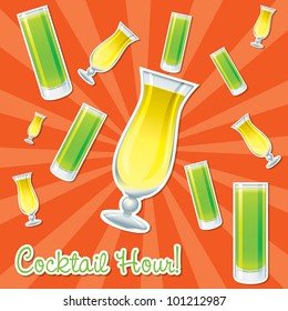 Bright retro cocktail hour sticker card in vector format.