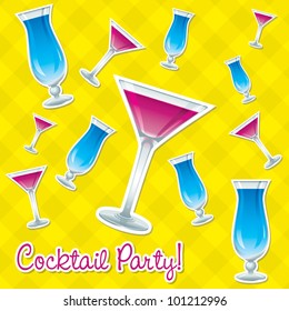 Bright retro cocktail hour sticker card in vector format.
