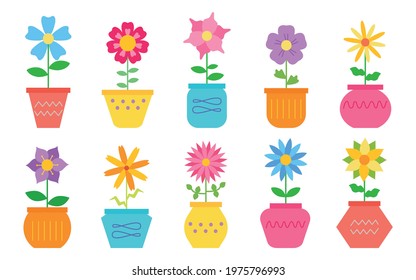 Bright retro colored flat vector flowers in pots for the design of cups, plates. Decor vintage elements for a room or gardening. Stickers. Scrapbooking. Shop design. For a child book