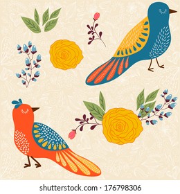 bright retro colors set, berries and birds. illustration in bright orange and blue retro colors