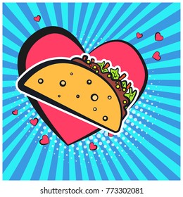 Bright retro comic speech bubble with taco symbol. Outline colorful tacos on lovely heart shape bubble with blue stripes and halftone background for advertisement design, banner, label, menu